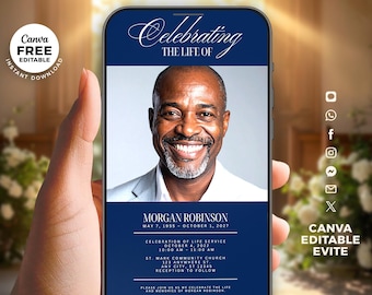 Celebration of Life Invitation Template, Navy Funeral Invitation, Digital Memorial Phone Invite, Editable Canva Funeral Announcement