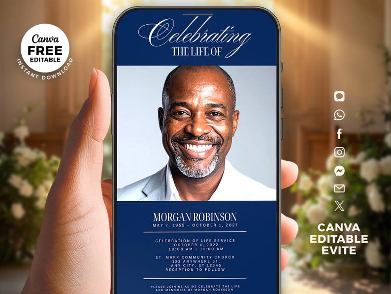 celebration of life phone invitation template, memorial announcement mobile design, editable canva funeral invitation, digital obituary invite, celebration of life evite template, modern minimal memorial design, instant download phone invitation, amazon listing design service