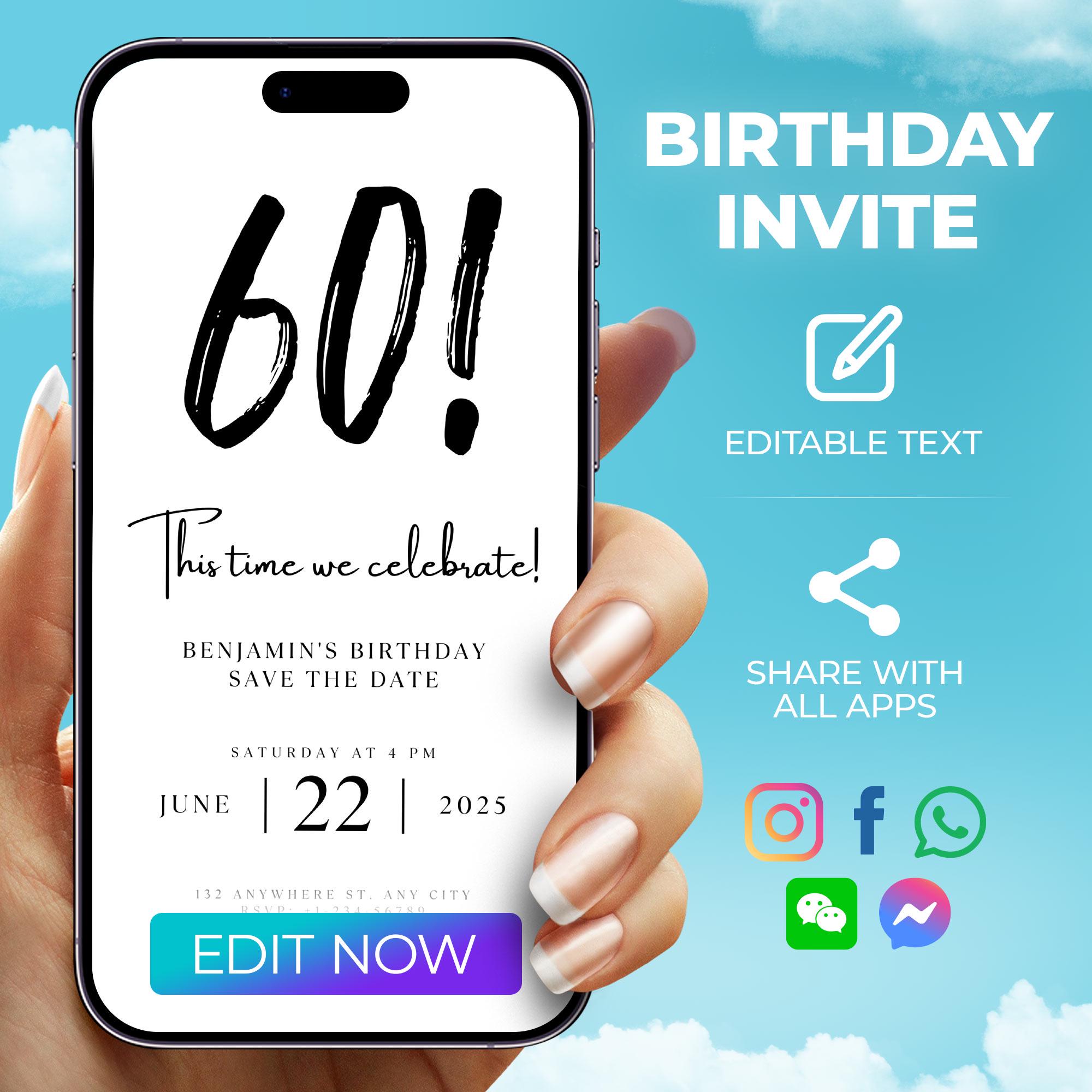Digital Save the Date 60th Birthday Template, Electronic Save the Date