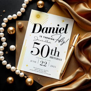 Modelo de convite retrô Fifty 50th para impressão, convite dourado editável para aniversário de 50 anos, mensagem de texto por e-mail, cartão de festa surpresa para homens, digital instantâneo