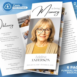 Op de afbeelding: Een zes pagina's tellende uitvaartprogramma brochure met een foto van een vrouw met een bril. De brochure bevat de tekst "Obituary", "In loving Memory" en "Adeline Anderson". Beschikbaar in twee maten en gratis te bewerken.
