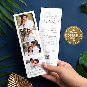Elegant Photo Strip Save the Date - Photo Booth Template with Calendar & QR Code - Minimalist Wedding Save the Date - Instant Download