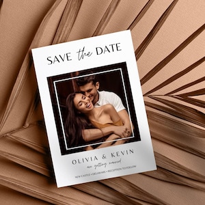 Save The Date Vorlage Polaroid, Foto moderne Einladung, einzigartige minimalistische doppelseitige, schwarz-weiße Einladung, druckbarer digitaler Download