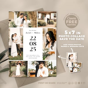 Könnte beinhalten: Eine 5x7 Zoll große Save-the-Date-Karte mit Fotocollage. Das Design zeigt mehrere Fotos eines Paares, mit dem Text "Save the Date" und den Namen "Ariel + Miles" sowie dem Datum "22 08 25". Die Karte enthält die Adresse und RSVP-Informationen.