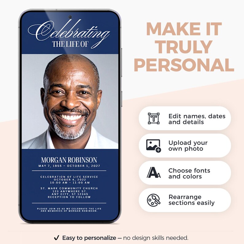 Celebration of Life Invitation Template, Navy Funeral Invitation, Digital Memorial Phone Invite, Editable Canva Funeral Announcement image 7