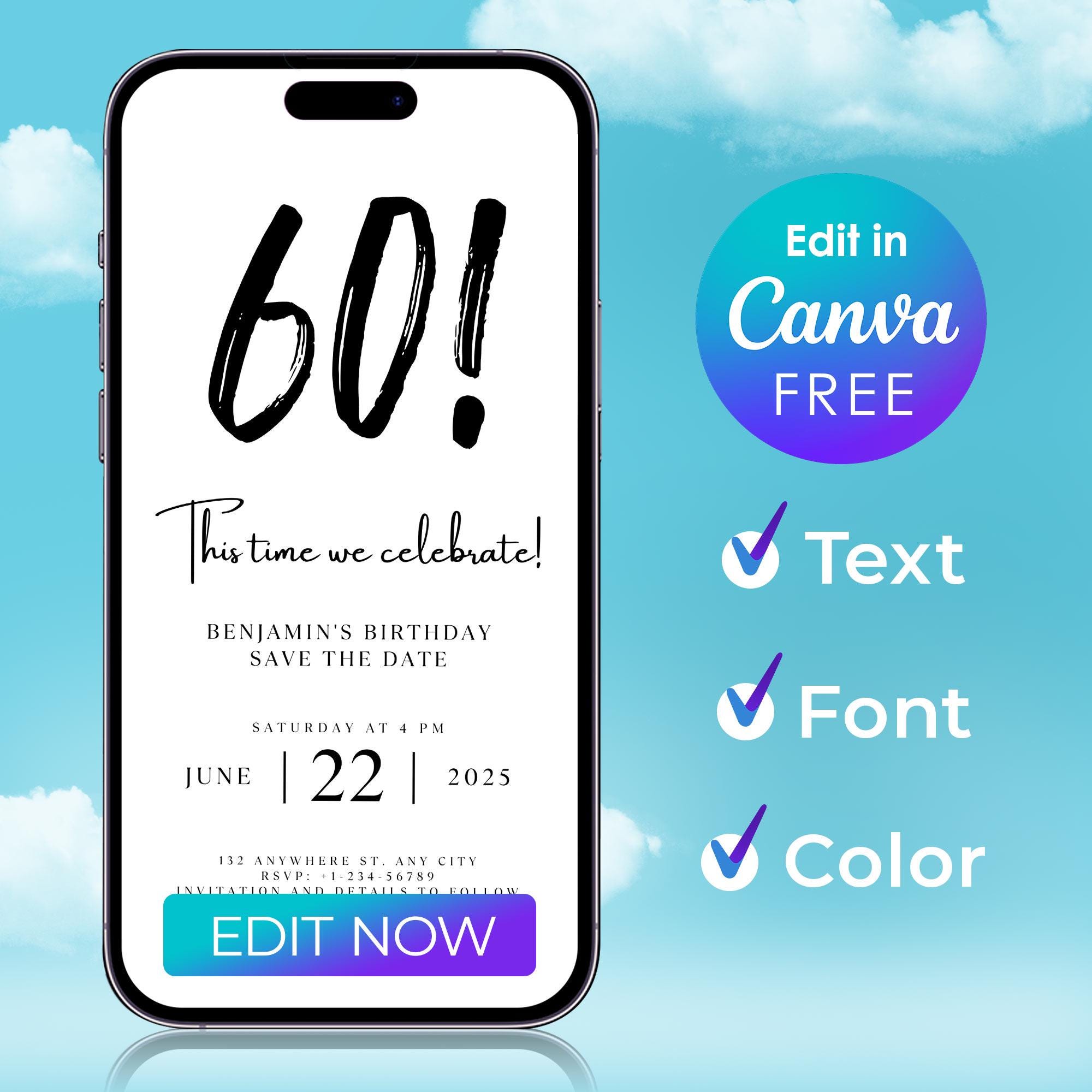 Digital Save the Date 60th Birthday Template, Electronic Save the Date