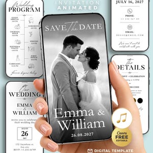 May include: A digital wedding invitation template displayed on a smartphone screen, featuring a black and white photo of a couple with the text Emma & William 26.08.2027. Additional screens show wedding programme details, contact info, and event logistics.
