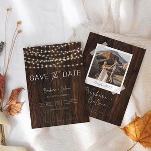 Rustic Save The Date with Photo Template,Wood and String Lights Invite, Wedding Invitation Country Style, Printable Card Instant Download