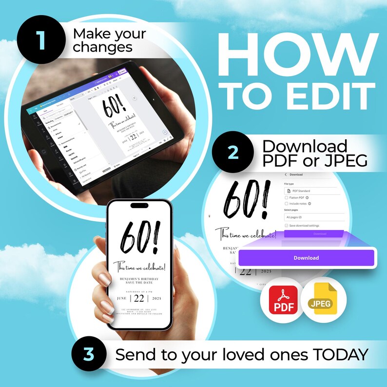 Digital Save the Date 60th Birthday Template, Electronic Save the Date