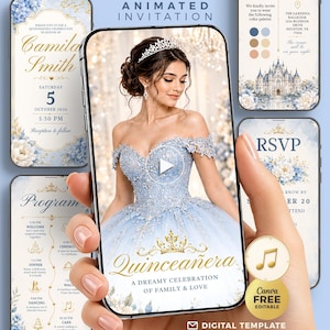 Dusty Blue Quinceañera Invitation Template with RSVP, Music,Program | Sweet 16 Birthday Invitation | Digital Download