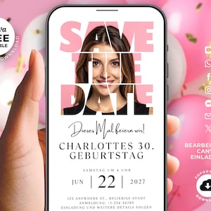 Minimalist 30th birthday save the date invitation for women featuring photo collage layout, modern digital Canva template editable online, phone-friendly birthday invite