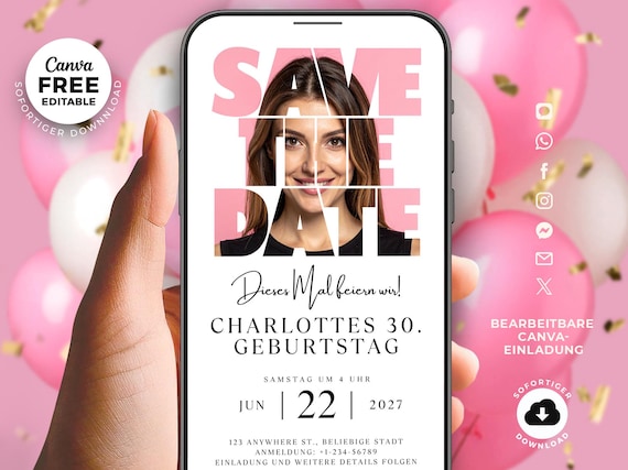 Einladungskarten 30 40 50 Geburtstag mit Foto – Geburtstagseinladung digital, Save the Date Canva Vorlage für Frauen | WhatsApp & E-Mail