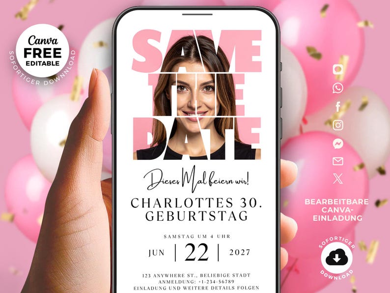 Minimalist 30th birthday save the date invitation for women featuring photo collage layout, modern digital Canva template editable online, phone-friendly birthday invite