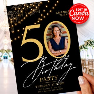 Einladung zum 50. Geburtstag Save the Date Elegante Karte mit Foto Schwarz Golden Editierbare digitale Vorlage Geburtstagsfeier Sofortiger Download