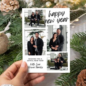 Tarjeta de feliz año nuevo con collage de fotos, plantilla de tarjeta fotográfica de Navidad imprimible, tarjeta de felicitación familiar, tarjeta navideña digital, editar ahora
