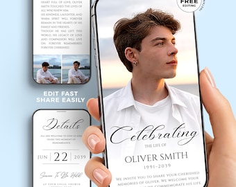 Editable Funeral Announcement Canva Template | Celebration of Life Invitation Card | Obituary Template with Photo | Custom Memorial Service