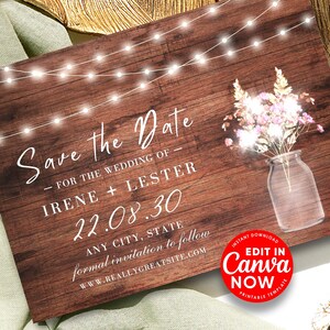 Rustic Save The Date with Photo Template, Wedding Invitation Country Style, Wood and String Lights Invite, Printable Card Instant Download