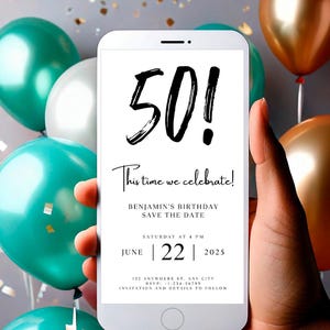 Digitale Save The Date 50e verjaardag sjabloon, elektronische Save The Date, verjaardagsuitnodiging, unieke bewerkbare verjaardagsuitnodiging, verjaardagsuitnodiging