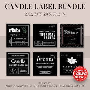 Könnte beinhalten: Ein schwarzes Kerzenetiketten-Bundle mit verschiedenen Designs. Etiketten enthalten Texte wie "Relax", "Tropical Fruits", "Peach Nectarine", "Honey Blossom", "Aroma" und "Vanilla". Die Etiketten sind 5.08x5.08, 7.62x7.62, 5.08x7.62 und 7.62x5.08 cm groß.