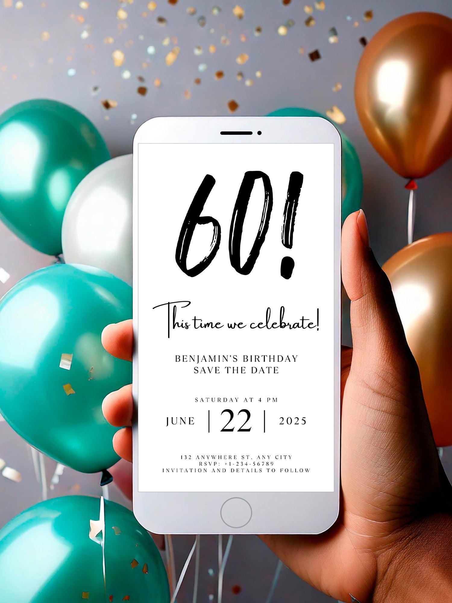 Digital Save the Date 60th Birthday Template, Electronic Save the Date
