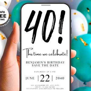 Modèle de faire-part d'anniversaire numérique pour 40 ans, faire-part électronique, faire-part d'anniversaire, faire-part d'anniversaire modifiable et unique