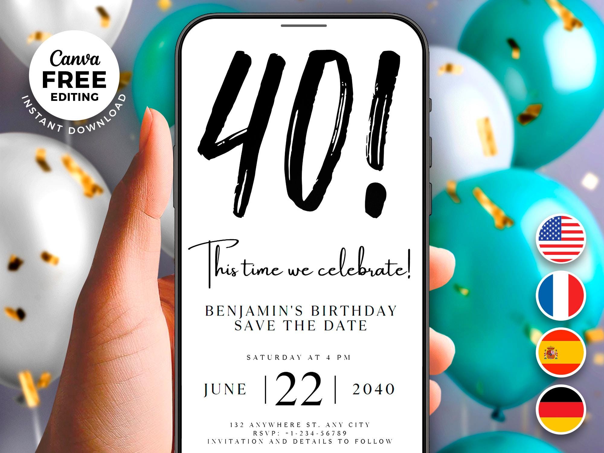Digital Save the Date 40th Birthday Template, Electronic Save the Date ...
