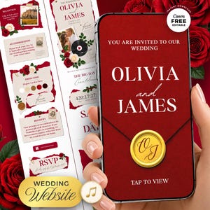 May include: A digital wedding invitation displayed on a smartphone screen featuring a deep red background, white text reading Olivia and James, and a gold wax seal with the initials OJ. The design includes torn paper edges, floral accents, and text.