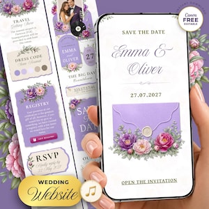 Mall för webbsidor med blommig bröllopsinbjudan | Digital bröllopsinbjudan med OSA, nedräkning, bröllopsprogram | Redigerbar Canva-mall