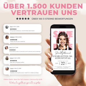 Minimalist 30th birthday save the date invitation for women featuring photo collage layout, modern digital Canva template editable online, phone-friendly birthday invite
