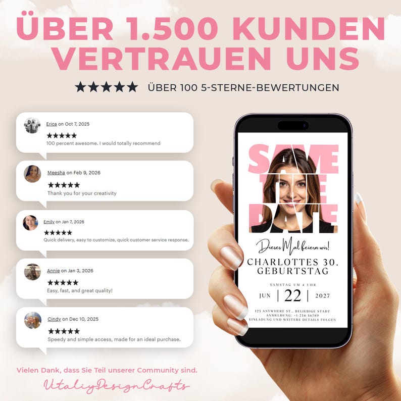 Minimalist 30th birthday save the date invitation for women featuring photo collage layout, modern digital Canva template editable online, phone-friendly birthday invite
