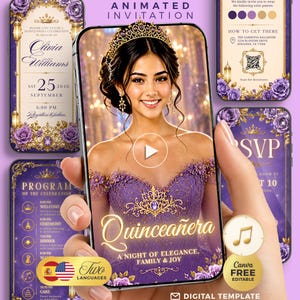 May include: A digital Quinceañera invitation template featuring a purple and gold theme with floral accents. The design includes text for Olivia Williams, September 25, 2026, and event details. The layout displays a central portrait, RSVP, and program.