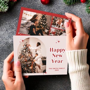 Gelukkig Nieuwjaar kaart boog stijl bewerkbare sjabloon, moderne kerstkaart, fotocollage kaartsjabloon, minimalistische familie afdrukbare aanpasbare