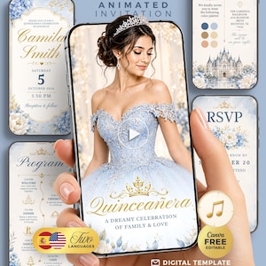 Dusty Blue Quinceañera Invitation Template with RSVP, Music, Program | Digital Sweet 16 Birthday Invitation | Instant Download