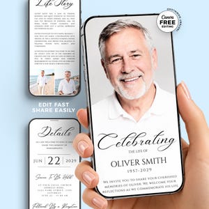 Op de afbeelding: Een digitaal sjabloon voor een uitvaartuitnodiging op een smartphonescherm met het portret van een glimlachende oudere man met grijs haar en een wit poloshirt. De tekst luidt Celebrating the life of Oliver Smith 1957-2029, met extra secties voor levensverhaal en details over de dienst.