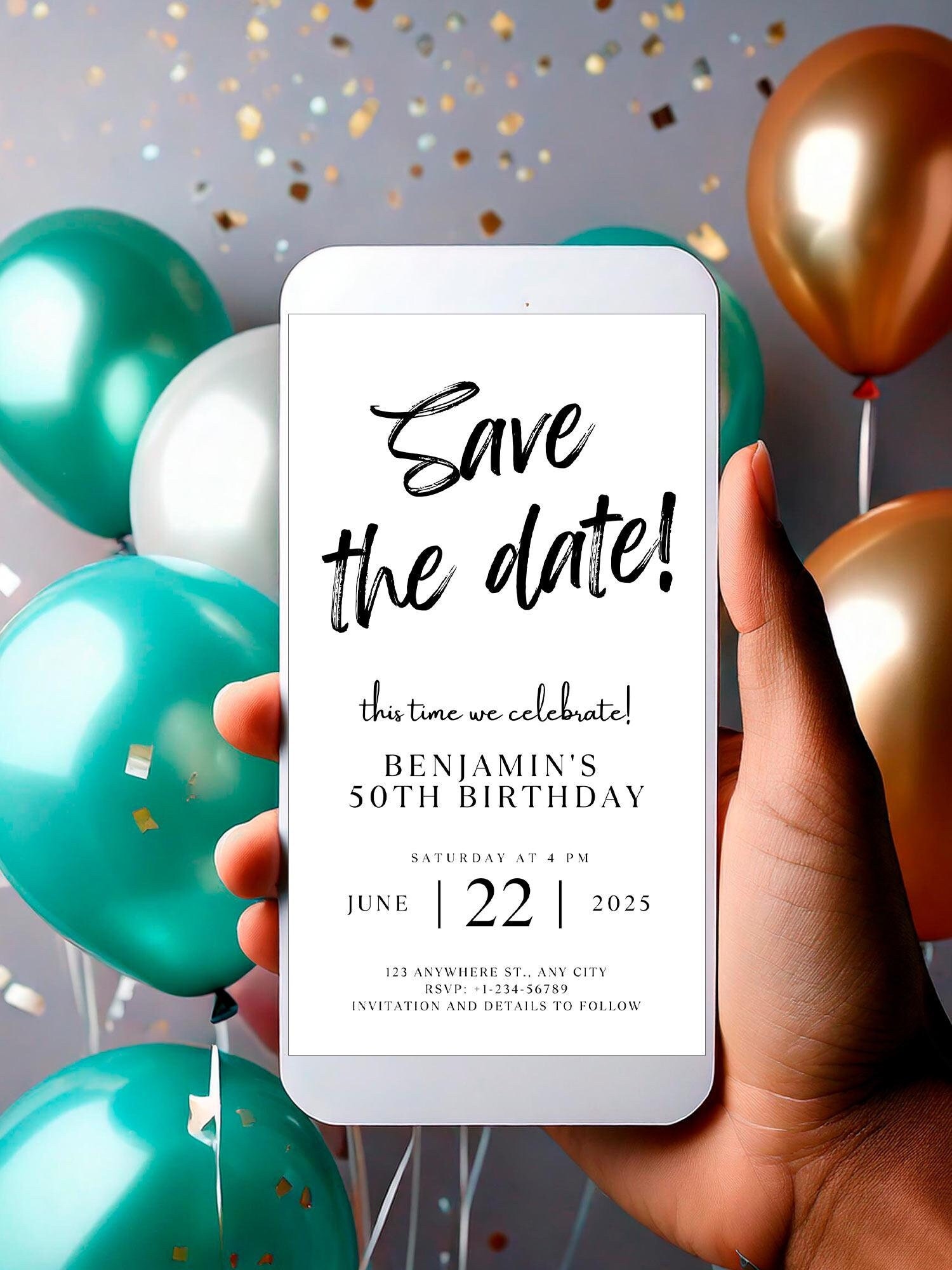 Digital Save The Date Birthday Template, Electronic Save The Date, Birthday Invitation, Unique Editable Bday Invitation,50th birthday Invite