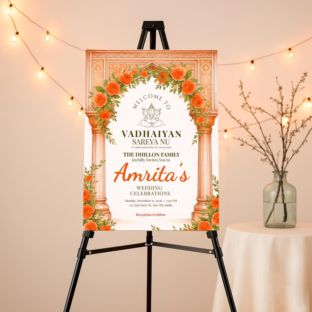 Buy Editable Indian Wedding Welcome Sign Template – Floral Marigold ...