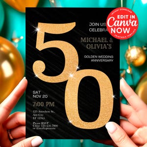 50th Wedding Anniversary Invitation With Foto Elegant Card Golden Editable Digital Template Instant Download E invite