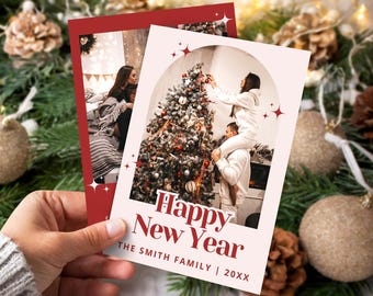 Modelo de cartão de feliz ano novo editável, saudação de fim de ano em família, cartão de Natal com foto, modelo moderno para impressão no Canva