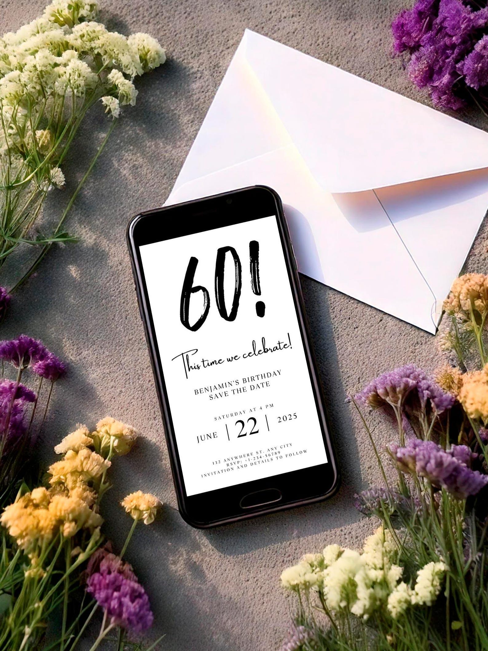 Digital Save the Date 60th Birthday Template, Electronic Save the Date