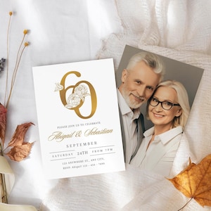 60th Wedding Anniversary Invitation With Foto Elegant Card Golden Editable Digital Template Instant With Gold Flowers Download E invite
