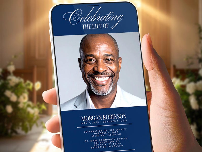 celebration of life phone invitation template, memorial announcement mobile design, editable canva funeral invitation, digital obituary invite, celebration of life evite template, modern minimal memorial design, instant download phone invitation, amazon listing design service