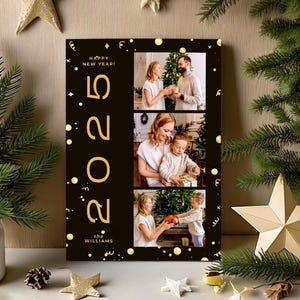 Frohes Neues Jahr-Karte mit Fotocollage, druckbare Weihnachtsfotokartenvorlage, Familiengrußkarte, digitale Weihnachtskarte, Schwarz, Jetzt bearbeiten