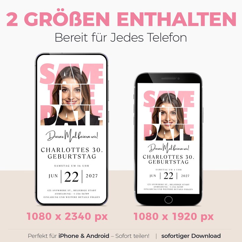 Minimalist 30th birthday save the date invitation for women featuring photo collage layout, modern digital Canva template editable online, phone-friendly birthday invite