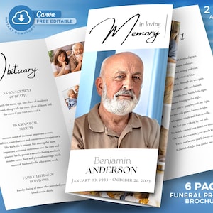 May include: A six-page funeral program brochure featuring a photograph of a man, Benjamin Anderson, and the dates January 03, 1933 - October 21, 2023. The brochure includes the text "Obituary" and "In loving Memory". Available in two sizes.