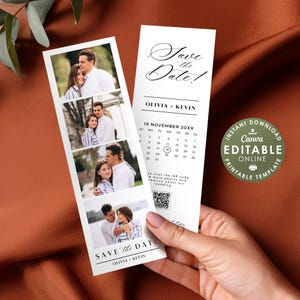 Bookmark Save the Date,Photo Booth Strip Template, Photo Strip with Calendar and QR, Minimalist Wedding Save the Date,Instant Download Canva