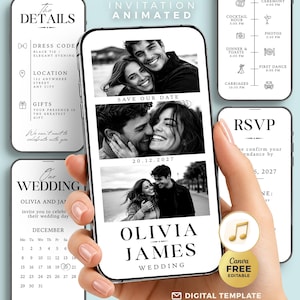 May include: A digital wedding invitation template displayed on a smartphone screen, featuring three black and white photographs of a couple, the names Olivia and James, and the date 20.12.2027. Additional screens show details, a timeline, and an RSVP section.