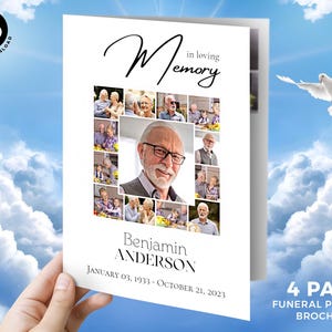 Modello minimalista per programma funebre maschile | Collage fotografico "In ricordo" | Opuscolo commemorativo di 4 pagine modificabile con Canva | Celebrazione della vita