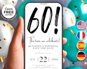 Digital Save The Date 60th Birthday Template, Electronic Save The Date, Birthday Invitation, Unique Editable Bday Invitation,birthday Invite
