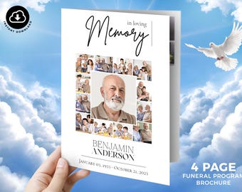 Funeral Program Template Foldable – Celebration of Life Elegant Obituary Photo Collage, Order of Service Black & White In Loving Memory Card