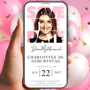 Minimalist 30th birthday save the date invitation for women featuring photo collage layout, modern digital Canva template editable online, phone-friendly birthday invite